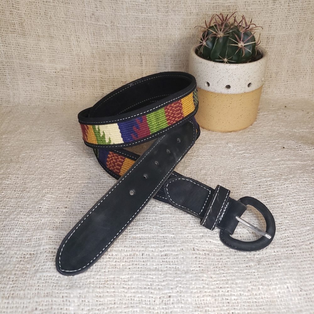 Vintage Southwest Suede Leather Woven Textile Belt